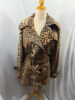 Outerwear by Lisa Leopard-Print Belted Trench Coat in Tan and Black